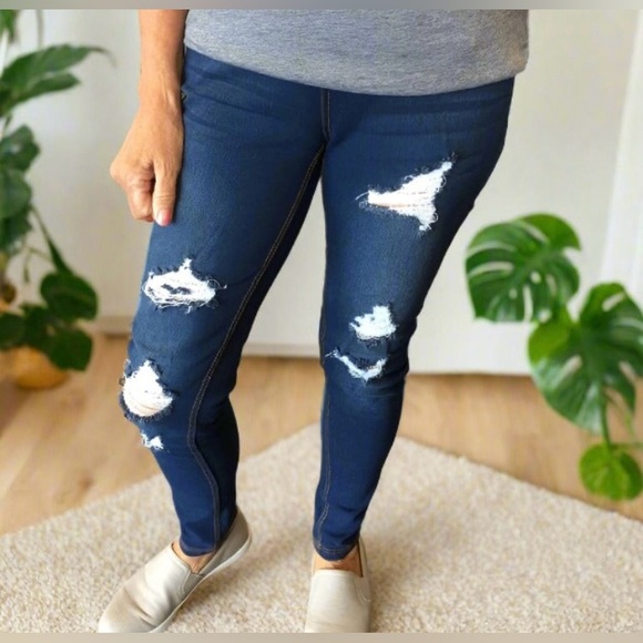 Small NEW Womens JVINI Designer Distressed Ripped Jean Jeggings, Dark Wash - Picture 7 of 11
